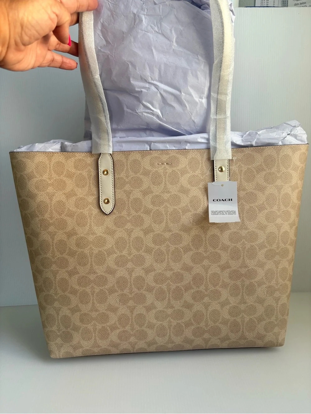 Coach Town Tote in Signature Coated Canvas # CBQ46 Khaki/Chalk Shoulder Bag XL